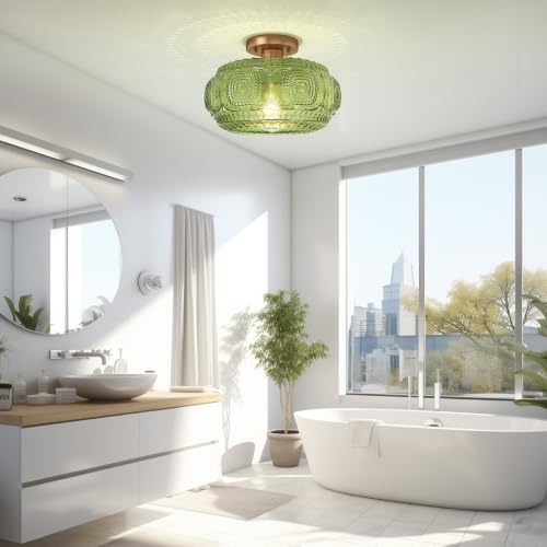Image of 12 inch Art Deco Glass Semi Flush Mount Ceiling Light Fixture, Green