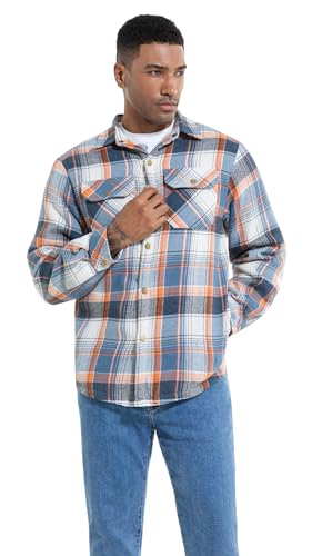 Image of Men's Sherpa Cotton Flannel Shirt Jacket Plaid Button Coat Pocket