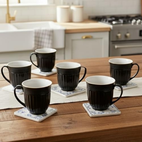 Image of Clay Craft Fine Ceramic Tea Cups Set of 6| 200 Ml Elegant Textured Cups with Comfortable Handle | Ideal for Tea| Coffee| Home Use & Gifting