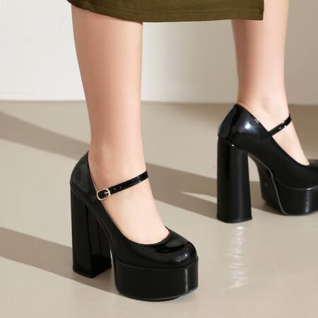 Women Ankle Strap Platform Pumps Glossy Patent Round Toe Chunky High Heels with Belt Buckles3