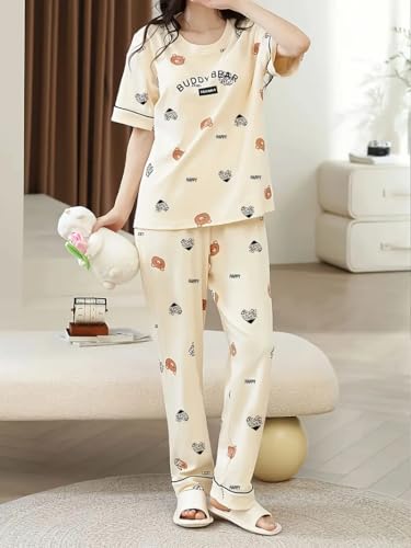 Image of Louis Luxe Womens Korean Night Dress || Full Pyjama Set || Korean Nightsuit || Women Nightwear ||Round Neck Full Sleeve Nightsuit || Loungewear || Everyday Nightdress