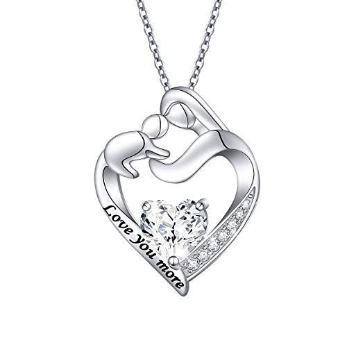 925 Sterling Silver Mother And Child Pendant With Message Love You More Cubic Zirconia Heart Necklace For Women Mother Daughter, Adjustable Silver Chain 18+2 Inches New Mum Gifts (Love You More) #TOP15