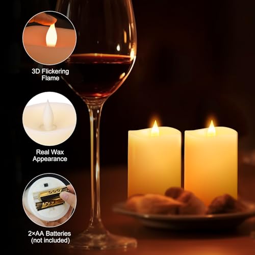 Image of 3x4 Flickering Flameless Candles Set of 2,Real Wax LED Battery Candles,with Timer,4 inch Flameless Candles with Remote,Battery Operated Candles,for Wedding Holiday Home Decor,Ivory