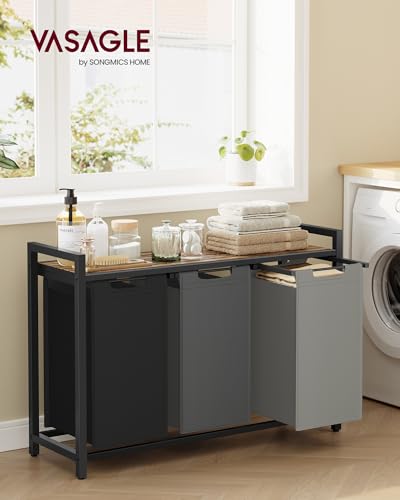 Image of VASAGLE Laundry Hamper, Laundry Basket, Laundry Sorter with 3 Pull-Out and Removable Bags, Shelf, Metal Frame, 3 x 10.6 Gallons (40 L), 36.4 x 13 x 28.4 Inches, Tricolor and Rustic Brown UBLH301X01