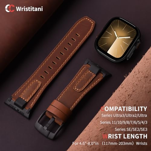 Image of Wristitani Leather Bands Compatible with Apple Watch Band 49mm 46mm 45mm 44mm for Men, Metal Connector & Genuine Leather Straps for iWatch Ultra3 /2 /1 SE3 /2 /1 Series 11 10 9 8 7 6 5 4 [NO Watch and Case]
