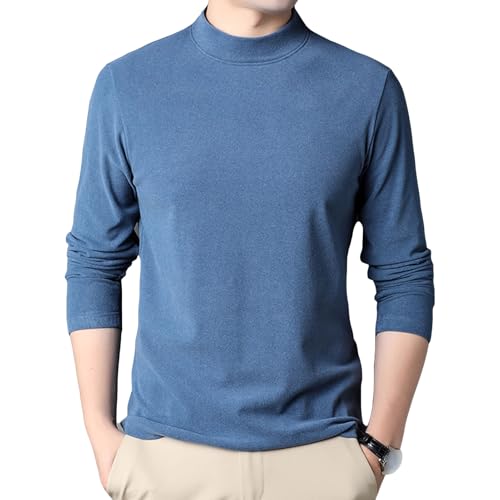 Mens Long Sleeve Stretchy Comfy Shirts Crewneck Fleece Thermal Collarless T-Shirts Casual Undershirt Pullover Tee Tops (Large,Blue)