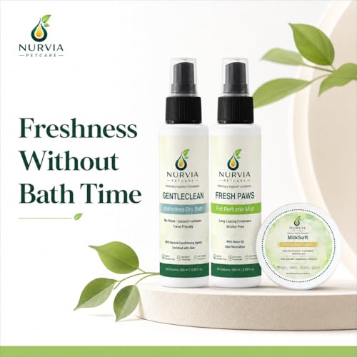 Image of Waterless Dog Grooming Kit by Nurvia Petcare | Dry Bath Spray + Perfume Mist + Paw Balm | Lemon Eucalyptus Aloe Vera Goat Milk | No Water No Rinse Travel-Friendly 3-in-1 | 100ml +100 ml + 15gm