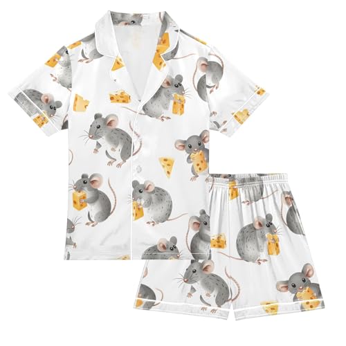 ALAZA Cute Mouse with Cheese Pajamas Satin Pajama Set Short Sleeve Button Down Sleepwear