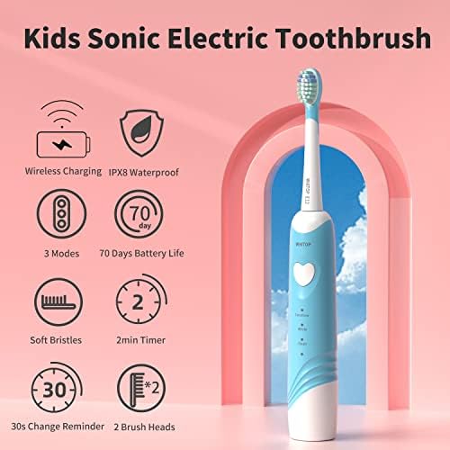 WHITOP ED05 Kids Electric Toothbrush, Wireless Charging IPX8 Waterproof Sonic Electronic Toothbrushes with Timer, 3 Modes Rechargeable Automatic Toothbrush for Children Boys and Girls
