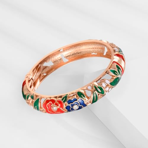Image of wynameleri Vintage Cloisonne Jewelry Gorgeous Rhinestone Handcrafted Bracelets Enamel Flower Bird Gold Hinged Cuff Bangles Gifts 88C07-55A120 orange, Diameter: 2.4''