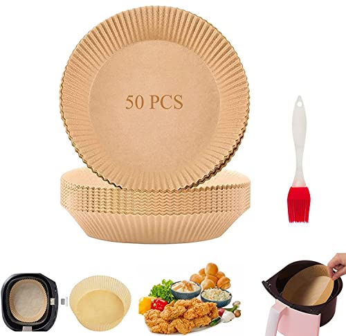 50Pcs Air Fryer Disposable Paper Liner, Air Fryer Parchment Paper Liners, Non-Stick Disposable Air Fryer Paper Liners, Basket Unperforated Air Fryer Round Paper Liners for Baking Roasting Microwave