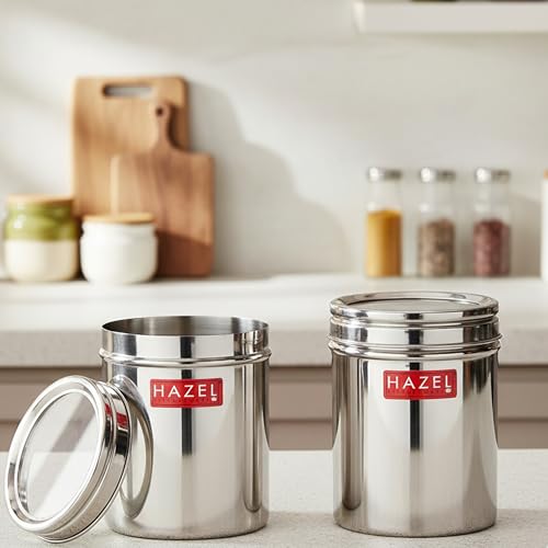 Image of HAZEL Stainless Steel Kitchen Container with Transparent Lid | Top See Through Kitchen Container Set with Matt Finish | Multipurpose Container for Kitchen Storage, 1100 ML, Set of 2