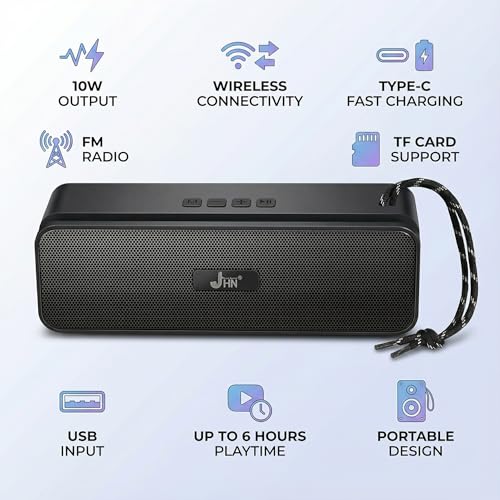 Image of JHN Power Sound 10W Portable Bluetooth Speaker with FM Radio, Heavy Bass Wireless Speaker, Type-C Fast Charging, USB & TF Card Support, 6 Hours Playtime, Portable Bluetooth Speakers (Black)