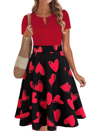 Red Dresses for Women Valentines Day Heart Summer Short Sleeve V Neck Semi Formal A Line Vintage Sunday Church Petite Classy Cocktail Office Business Casual Work Wedding Guest Dresses L