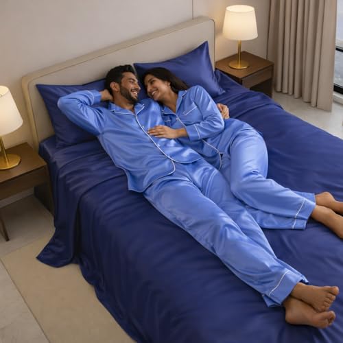 Image of Luxe Ere Satin Bedsheet Single Size (60x90) | 300 TC Ultra Smooth Silky Soft Luxury Satin Bed Sheet with 2 Pillow Covers | Premium Satin Bedsheets for Single Bed - Imperial Indigo