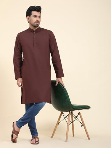 Image of SKAVIJ Mens Cotton Casual Wear Modern Kurta Shirt for Everyday Use Yoga Outfit Brown X-Large