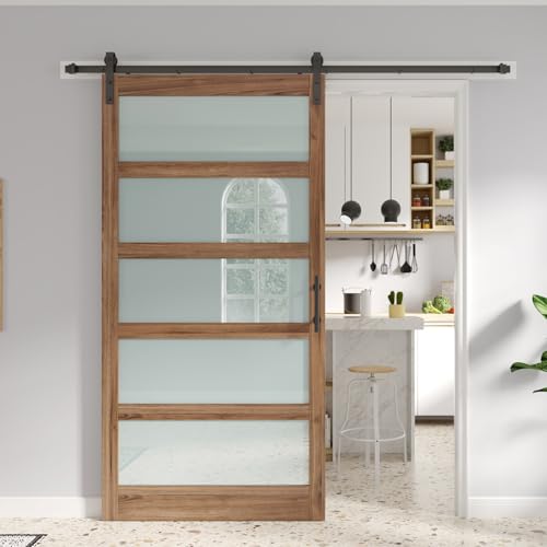 Image of FREDBECK 48 x 96 inch Glass Barn Door with 8FT Barn Door Hardware Kit & Handle Included,5-Panel Frosted Glass,Wood Panel, Water-Proof Surface,Pre-Drilled Holes,Need Assembly