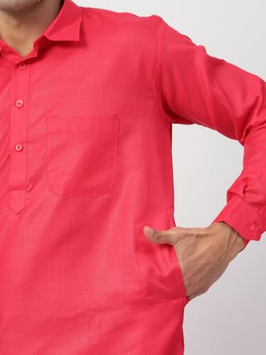 Image of Men's Traditional Pathani Kurta Salwar Set, Red, Long Sleeve, Collared Neck, Cotton Blend, Ethnic Wear