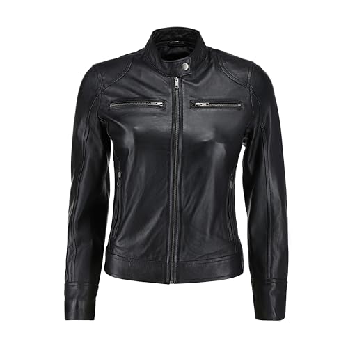 Women's Black Real Leather Moto Jacket | Soft Cafe Racer Lambskin Jacket