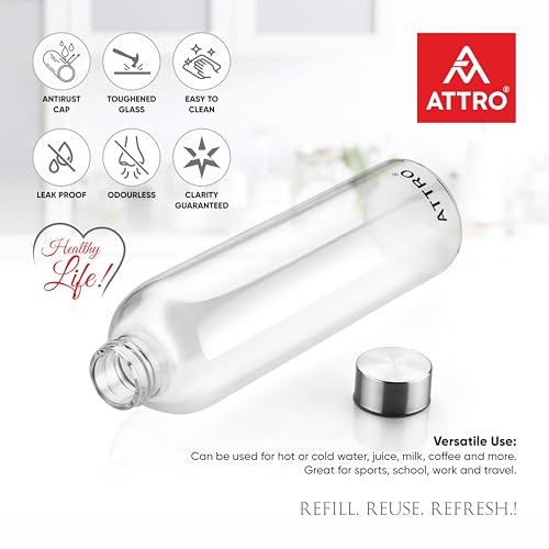 Image of ATTRO Glassox Cleara High Borosilicate Screw Glass Bottle with Stainless Steel Lid Leakproof - Ideal for Office, Travel, Home, Outdoor & Daily Use - Transparent - 1000ml-Set Of 2