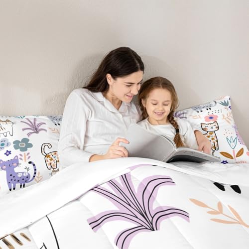 Image of Feelyou Cartoon Cat Comforter Set Full, Cute Kitten Comforter Set Cats and Flowers Comforter for Kids Boys Girls Teens Pet Cats Duvet Set Lightweight Quilt Set