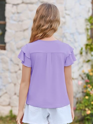 Image of Haloumoning Girls Pleated Ruffle Short Sleeve Shirts Kids Summer Crewneck T-Shirts Fashion Tops Tees 5-14 Years