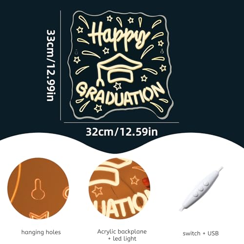 Image of WLHOPE Happy Graduation Neon Sign Led Signs for Graduation Ceremony Wall Decor, Neon Lights Transparent Acrylic Board Sign for Classroom Dorm School Bedroom Decoration Gifts for Teens