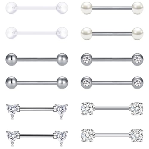 AVYRING 6 Pairs Stainless Steel Nipple Bars - 14G 16mm Straight Barbell with Heart & Round Cubic Zirconia Tongue Piercing Jewelry for Women Men Silver
