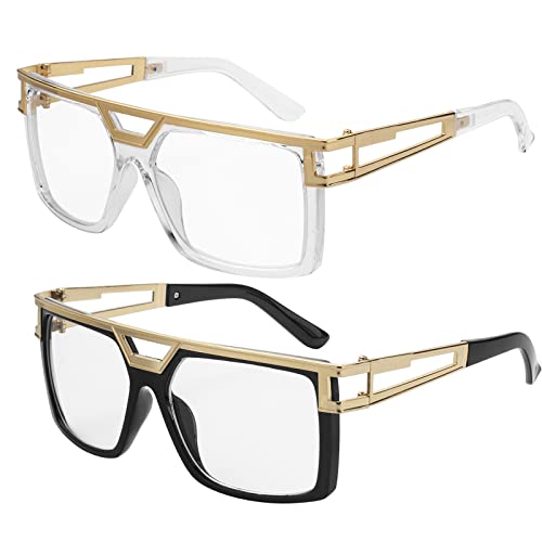 2 Pairs 90s Sunglasses Vintage DJ Rapper Hip Hop Glasses, Classic Oversized Hippie Glasses for 80s Hip Hop Costume, Square Retro Gold Frame