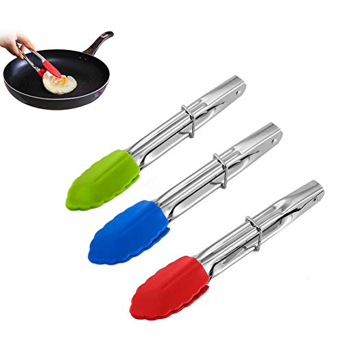 3Pcs Small Tongs With Silicone Tips 7 Inch Serving Tongs Mini Kitchen Stainless Steel Food Tongs for BBQ Salad Cooking Appetizers (Red Green Blue)