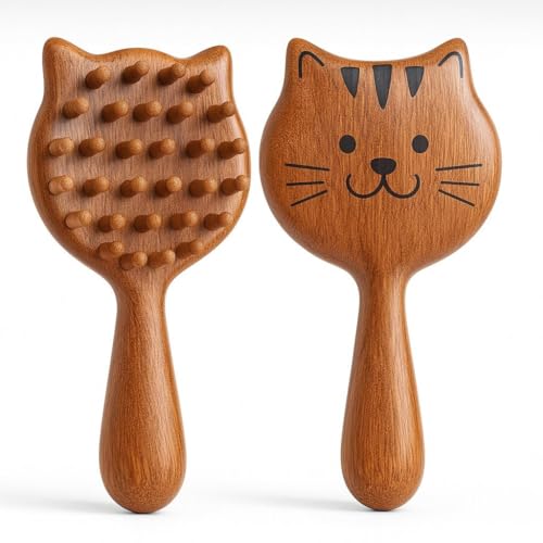 Image of Wood Therapy Massage Tools for Belly Fat and Scalp, Wooden Meridian Body Brush for Cellulite Removal, Hair Growth Scalp Massager Comb, Lymphatic Drainage Wooden Head and Body Massager (Cat)