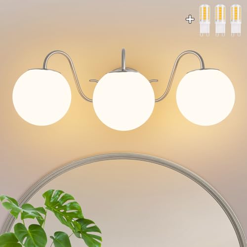 Image of Vintage Brushed Nickel Bathroom Vanity Light Fixtures Over Mirror 3 Lights