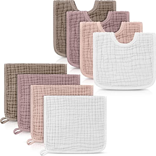 Image of Tallew 8 Pack Muslin Burp Cloths and Baby Bibs for Boy Girl 20 inch x 10 inch Cotton Baby Bandana Drool Bibs Muslin Burp Cloths Absorbent Rag for Newborn Toddler Infant Gifts(Elegant Color)