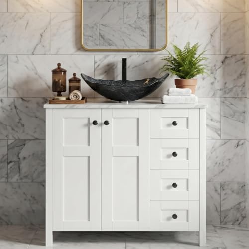 SOLIDEE 32" White Bathroom Vanity with Marble Texture Top and 4 Drawers, Modern Standing Pedestal Cabinet with Leaf Silver Glass Vessel Sink