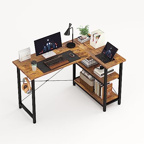 MUTUN Eckschreibtisch mit 2 Regalen, L-Form, 118 cm Breite x 80 cm Länge x 74 cm Höhe, Braun, Zeitgenössisch, für Spielen, Bodenmontage, Handelsüblich