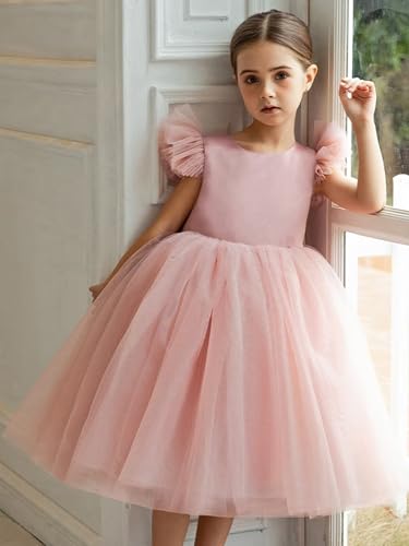 Tulle Flower Girl Dress for Wedding Puffy Satin Ruffle Sleeve Ball Gowns Tea Length Bow Knot Princess Dress4