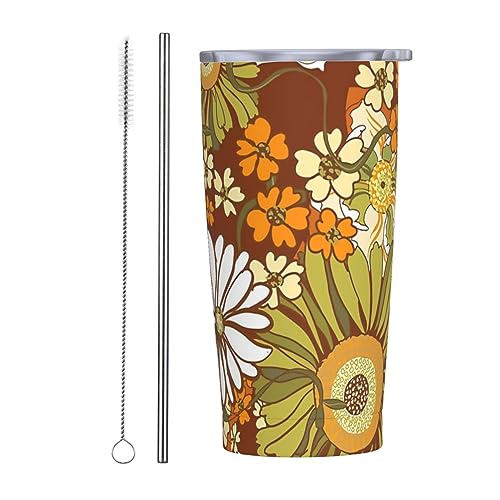 70s Retro hippie Vintage Flower Tumbler, 20oz Tumbler with Lids and Straws insulated tumblers Stainless Steel Vacuum Insulated Travel Mug Double Wall Water Coffee Tumbler