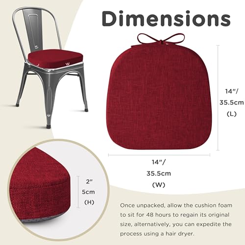 Image of AddGrace Set of 4 Chair Cushions for Metal Dining Chairs 14x14 Red | Non Slip,Washable Removable Cover with Ties, Textured, for Kitchen Dining Room Indoor, Hard Wooden Chairs, Family Gathering