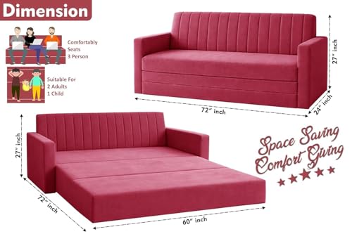 Image of Rosebell Foldable Sofa-Cum-Bed | Three-in-One Convertible Couch with Armrest | Modern Fabric Sofa for Living Room, Bedroom & Office-Red-Color