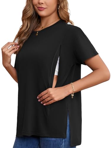 Image of Ecavus Women's Oversized Nursing Shirts for Breastfeeding with Hidden Zipper Short Sleeves Side Splits Maternity Tops