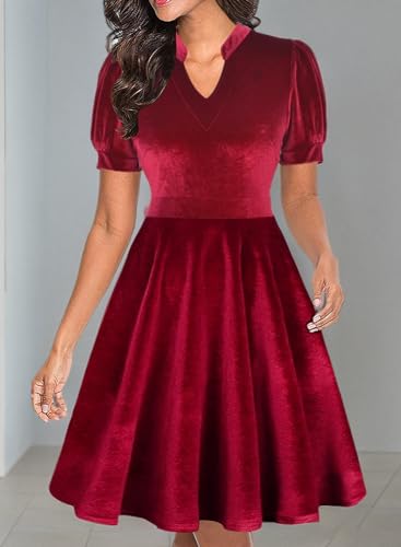 Image of Mokayee Womens Summer Short Puff Sleeve Casual Semi-Formal Fit and Flare Church Wedding Guest Work Dresses with Pockets