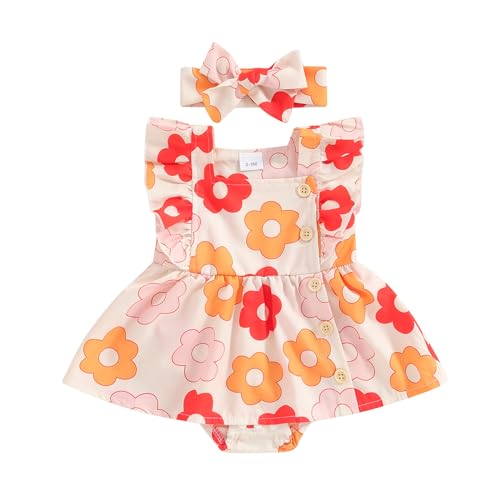 Image of Madjtlqy Newborn Baby Girl Summer Clothes Romper Dress Ruffle Sleeve Solid Color Outfits with Headband