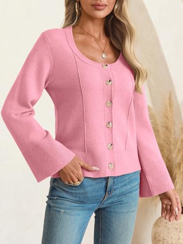 Image of Saodimallsu Womens Bell Sleeve Cardigan Sweaters Button Down Long Sleeve Fall Trendy Sweaters 2025 U Neck Knit Outwear