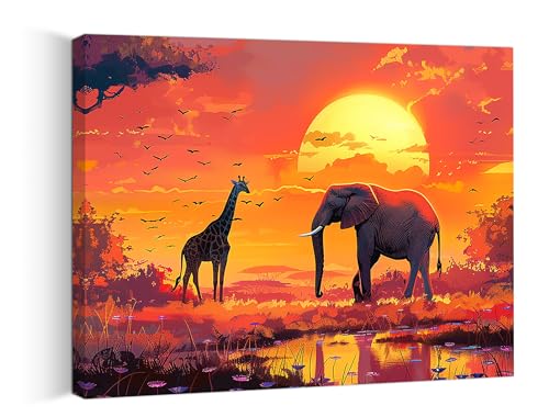 Piy Painting Canvas Print of Elephant and Giraffe, Sunset Landscape Oil Painting Replica, Canvas Wall Art