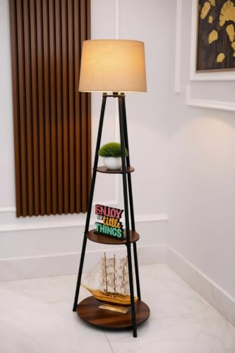 Image of Modern Furniture LED Tripod Floor Lamp with 3 Shelves, Brown Jute, Metal Corner Floor Lamp, for Decoration and Gifting, E27 Bulb