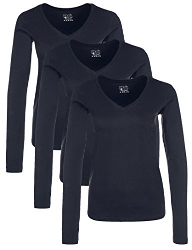 Berydale Camiseta de manga larga con cuello en pico de 100 % algodón, Mujeres, Azul oscuro (paquete de 3), L