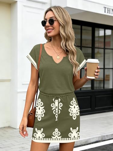 Image of SAUKOLE Women Summer T Shirt Dress Casual Short Sleeve V Neck Dress with Pockets Drawstring Waist Short Dresses