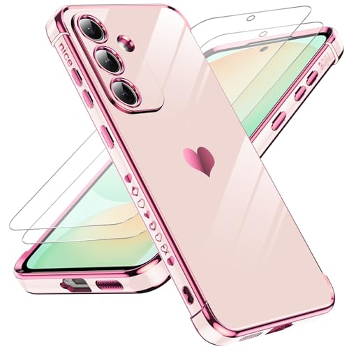 LeYi for Samsung Galaxy S25-FE Case: [𝗡𝗼𝘁 𝗳𝗶𝘁 𝗦𝟮𝟓 𝟱𝗚] Screen Protector [2 Pcs] + Full Camera Lens Protection,Love Heart Plating Luxury Cell Android Basic Funda para S25FE S 25 FE,Pink