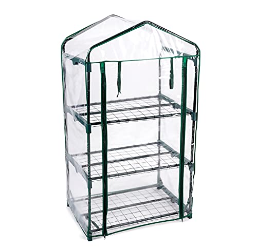 3 Etagen Gewächshaus mit Reißverschluß (HxBxT) 130 x 69 x 49,5 cm für Garten, Terrasse, Balkon, leichte Montage, Stecksystem, Metallrahmen, Kunststoff, transparent mit grün Cover