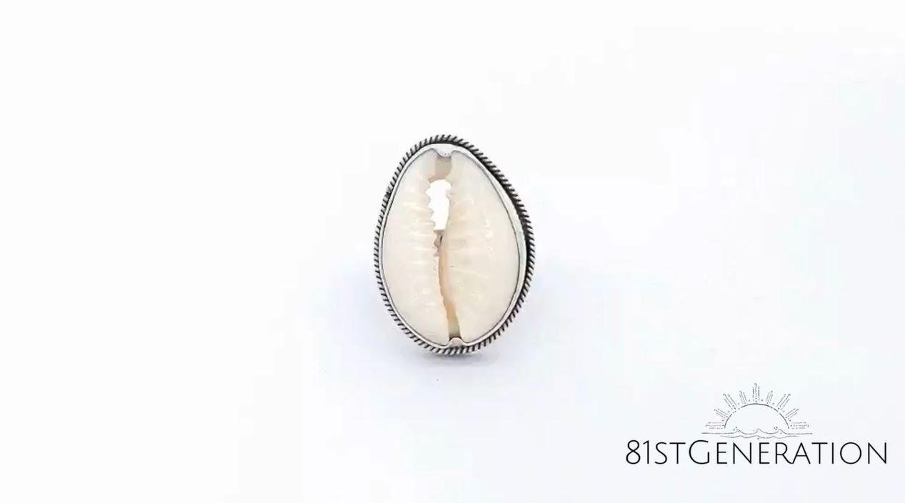 81stgeneration Sterling Silver Cowrie Shell Ring – Bali Rope Framed Boho Statement Ring For Women